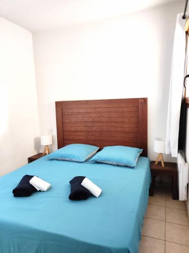 - une chambre avec un lit bleu et 2 oreillers dans l'établissement Appartement en centre-ville d’Uzès, à Uzès