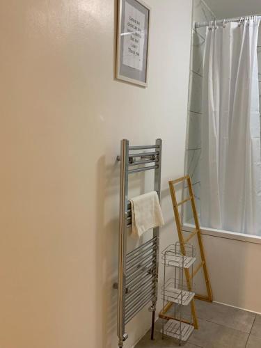 a bathroom with a towel rack and a shower at COBBOLD COURT share flat in London