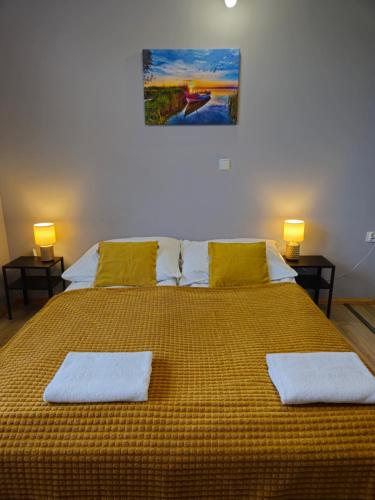 a bedroom with a large bed with two towels on it at Bingo in Powidz