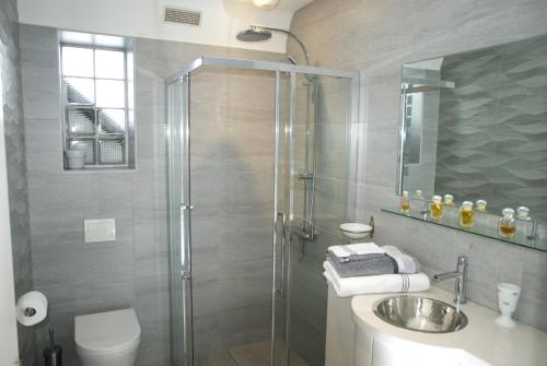 ein Bad mit einer Dusche, einem Waschbecken und einem WC in der Unterkunft Gîte La Terrasse Du Verger in Carquefou
