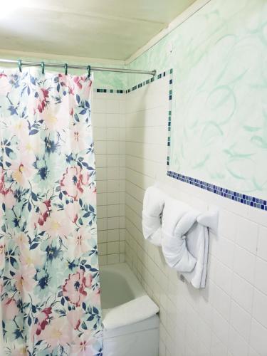 baño con cortina de ducha con motivos florales y aseo en 237 Bratton Avenue en Montego Bay