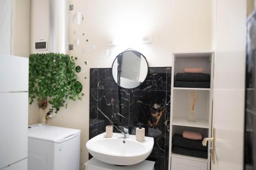 uma casa de banho com um lavatório e um espelho em L’Élégant - T2 - 10 min aéroport - Parking privé em Lingolsheim