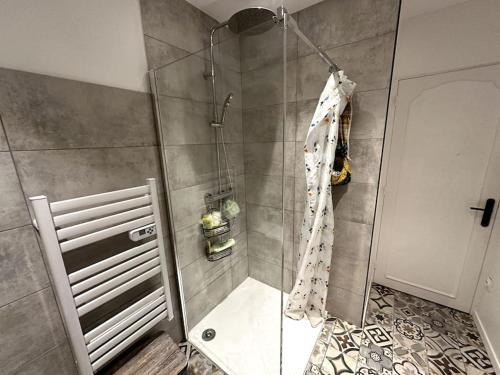 une douche avec une porte vitrée dans une salle de bain dans l'établissement Grand gîte - avec grande piscine - au calme, à Charron