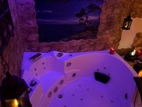 シーダー・シュヴァレンベルクにあるHaus Drei Tannenの紫色の照明が備わる客室で、バスタブが付いています。