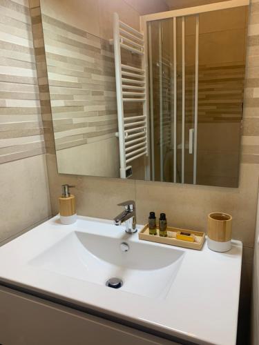 La salle de bains est pourvue d'un lavabo blanc et d'un miroir. dans l'établissement Cathédrale Appart, à Albi