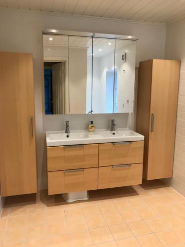 La salle de bains est pourvue d'un lavabo et d'un miroir. dans l'établissement Rodal Lodge, à Valsøybotn