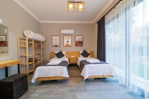 費特希耶的住宿－Villa Örencik，一间卧室设有两张床和大窗户