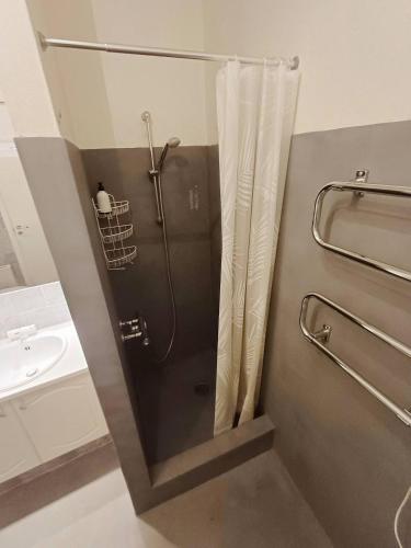 La salle de bains est pourvue d'une douche et d'un lavabo. dans l'établissement Charming Apartment On Pedestrian Street Randers, à Randers