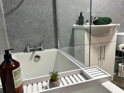 a white bath tub with a plant in a bathroom at Auckland House 3 beds free parking in Doncaster