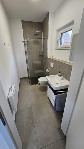 a bathroom with a shower and a toilet and a sink at Ferienwohnung Hesse Ilsede in Ilsede