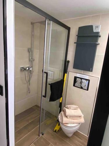 La salle de bains est pourvue d'une cabine de douche et de toilettes. dans l'établissement Petite maison et jardin,piscine chauffée privative, à Rognes