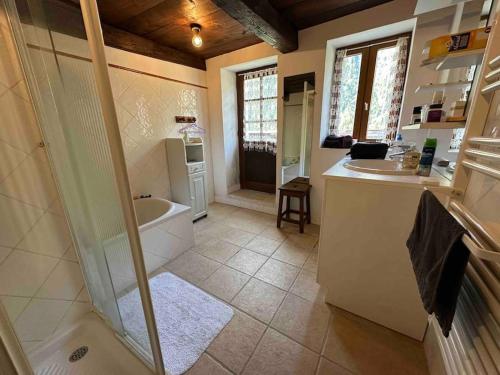 ein Bad mit einer Dusche, einem WC und einem Waschbecken in der Unterkunft Mountain house with two barns and a garden in Planay