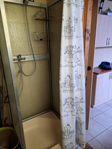 a shower with a shower curtain in a bathroom at Domek Ostrowo in Ostrowo