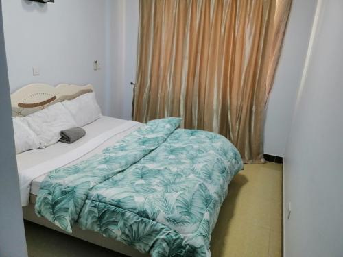 a bedroom with a bed with a blue blanket on it at Deluxe Rooms in Shared Apartments in Dar es Salaam