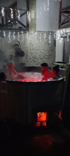 a kitchen with a stove with red dye on it at Cabana Poiana Galdei in Poiana Galdei