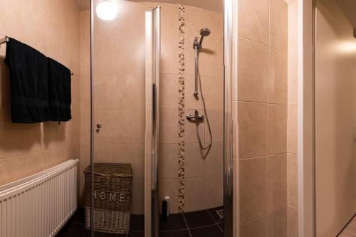 a shower with a glass door in a bathroom at Ruim vakantiehuis met mooie tuin op de Veluwe in Putten