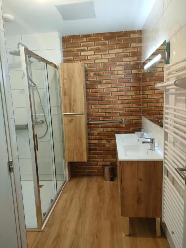 une salle de bain avec un lavabo et une douche en verre dans l'établissement bel appartement 3 pièces dans la Résidence Vosges-Alsace Orbey, à Orbey