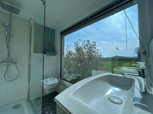 a bathroom with a sink and a shower and a window at Tiny-House No.3 in Lage
