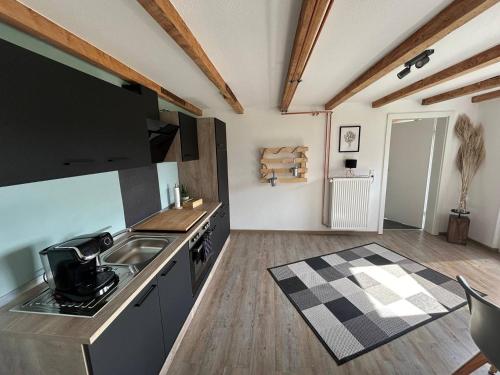 uma cozinha com um lavatório e um fogão forno superior em Tiny-House No.3 em Lage