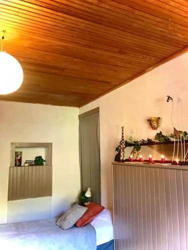 a bedroom with a bed and a wooden ceiling at Maison des Séquoias - Parc 1 hectare- in Veyrac