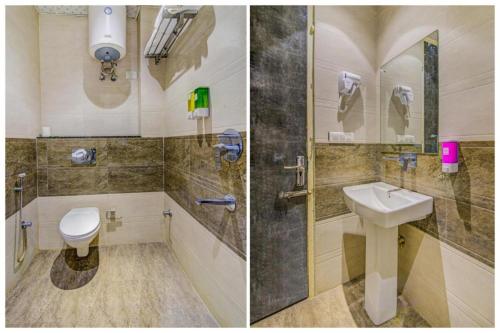 two pictures of a bathroom with a sink and a toilet at Hotel Ramakrishna unit by AMBIENCE New Delhi in New Delhi