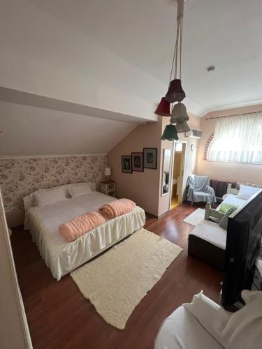 a bedroom with a large bed and a living room at Vila Restaurant Sofia in Marghita