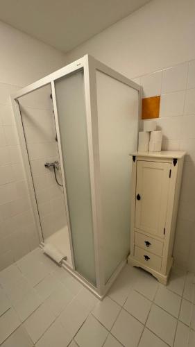 a bathroom with a shower stall and a cabinet at Penzion Janoštík in Rožnov pod Radhoštěm