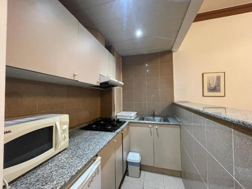 a small kitchen with a sink and a microwave at Elegant Suites Beirut in Beirut