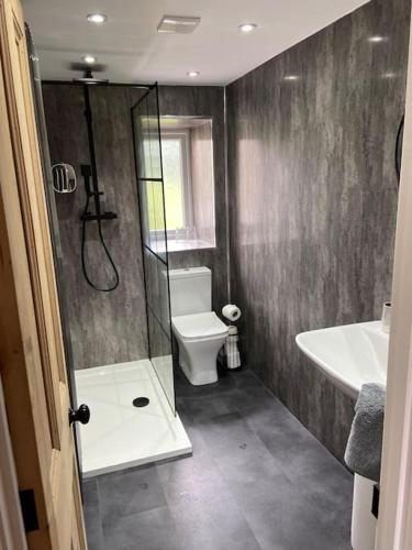 a bathroom with a shower and a toilet and a sink at Pretty little cottage in the peaks in Hadfield