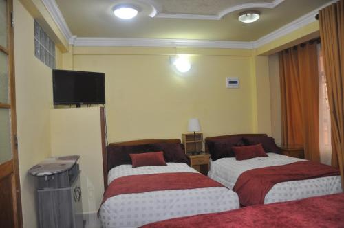 um quarto de hotel com duas camas e uma televisão de ecrã plano em COMODORO DEPARTAMENTOS em Oruro