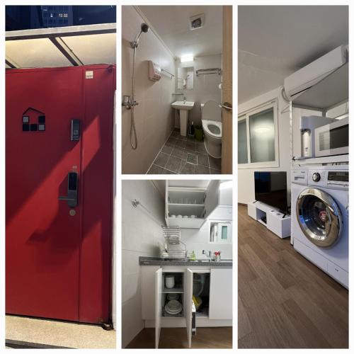 Un collage de tres imágenes de un baño con una puerta roja. en B My Guesthouse, en Seúl