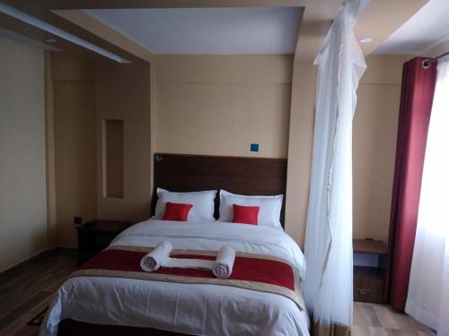 een slaapkamer met een groot bed met rode kussens bij Lysak Haven Park hotel in Machakos