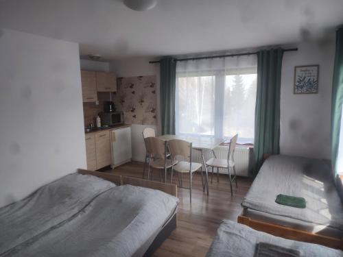 1 dormitorio con 1 cama, mesa y sillas en Apartament Tczew-duże pokoje!, en Tczew