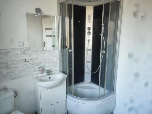 La salle de bains est pourvue d'une douche et d'un lavabo. dans l'établissement Apartament Tczew-duże pokoje!, à Tczew