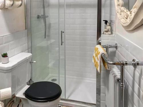 uma casa de banho com um chuveiro e um WC preto. em Four-tunes em Torquay