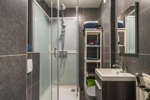 Un baño con ducha de cristal y lavabo. en Entourage Christinastraat, en Ostende
