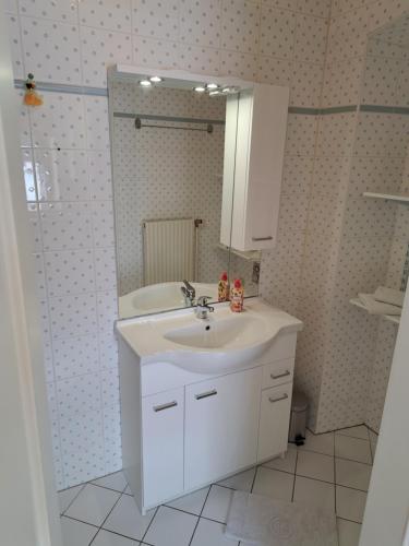 a bathroom with a white sink and a mirror at Stift Göttweigblick in Furth
