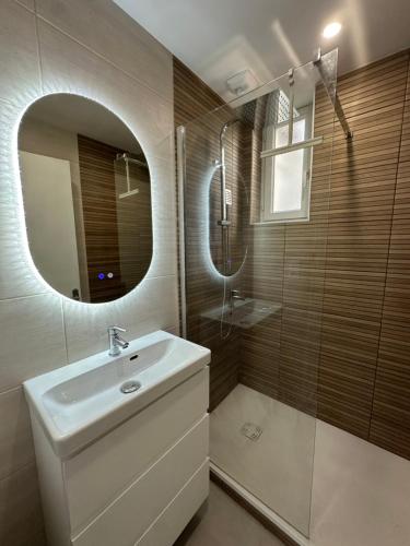 une salle de bain avec un lavabo, une douche et un miroir dans l'établissement Les Lotus - Joli F2 rénové, à Saumur