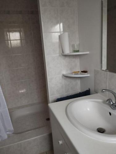 y baño blanco con lavabo y ducha. en Eure et Loir- Le Catalpa, en Goussainville