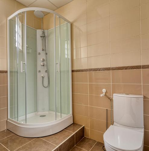 une salle de bain avec douche et toilettes dans l'établissement L'Escale - Airport - Paris, à Goussainville