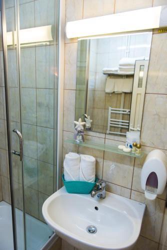 a bathroom with a sink and a shower and a mirror at Hotel Lyra in Oradea