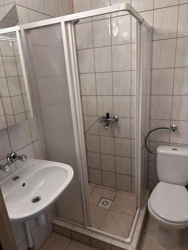 een badkamer met een douche, een toilet en een wastafel bij Pensjonat Beata in Jastrzębia Góra