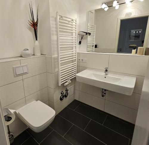 ein Badezimmer mit einem Waschbecken, einem WC und einem Spiegel in der Unterkunft Sun Island in Baabe