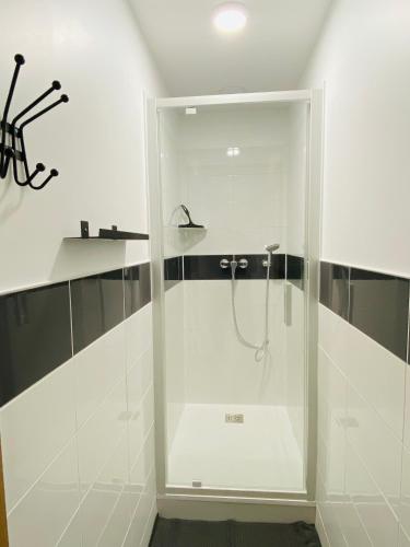 La salle de bains est pourvue d'une douche avec une porte en verre. dans l'établissement THE SHARE HOUSE, à Tillé