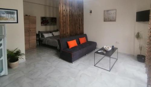 ein Wohnzimmer mit einem Sofa und einem Bett mit orangefarbenen Kissen in der Unterkunft Στουντιο Βολος Ν Ιωνια in Volos