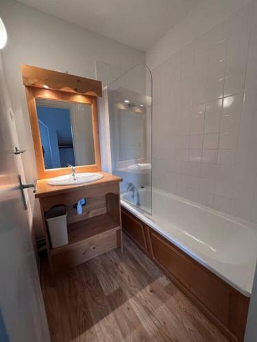 une salle de bain avec un lavabo, une baignoire et un miroir dans l'établissement Charmant Duplex pour 8 personnes avec piscine, à Besse-et-Saint-Anastaise