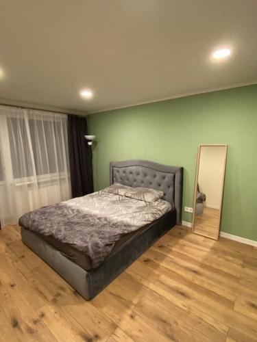 Baloži的住宿－Great 2-room apartment with working space，一间卧室配有一张床和镜子