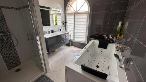 ein Bad mit einer Badewanne, einem Waschbecken und einer Dusche in der Unterkunft 6 chambres idéales JO 2024 in Jouars-Pontchartrain