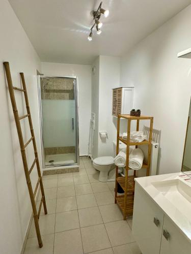 une salle de bain avec toilettes et douche en verre dans l'établissement Le Régence, terrasse, Serris Disney, à Serris