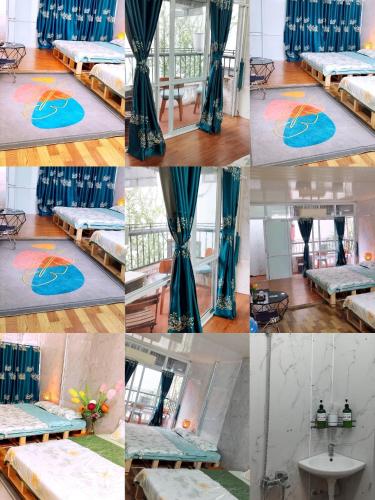 uma colagem de fotos de uma cama num quarto em H2_Homestay phố cổ _Check in tự động em Hanói